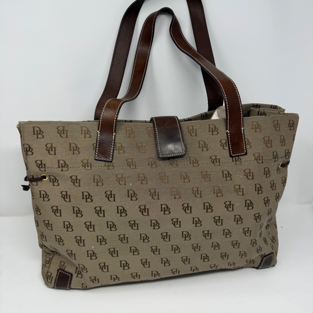 Dooney & Bourke Monogram Canvas Tote Bag Tan Brown Leather Trim H2 481742